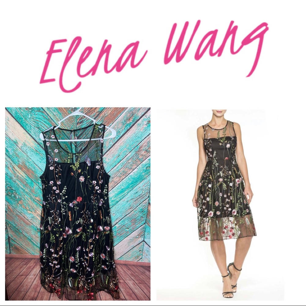 Elena Wang Embroidered Sheer Floral Party Dress